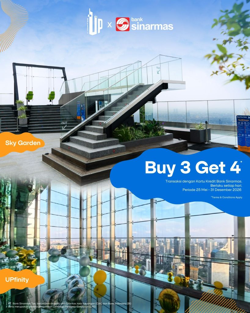 Flyer promo kartu kredit Sinarmas untuk tiket Up at Thamrin Nine dengan penawaran buy 3 get 1
